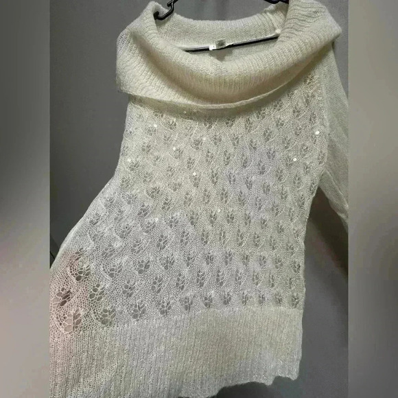Y2K Ann Taylor Loft Wool Blend Beaded Cowl Sweater | Cream & Silver | Size L - Picture 5 of 13